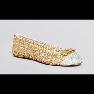 Tory Burch Carlyle Woven Ballerina Flats, Gold/Silver